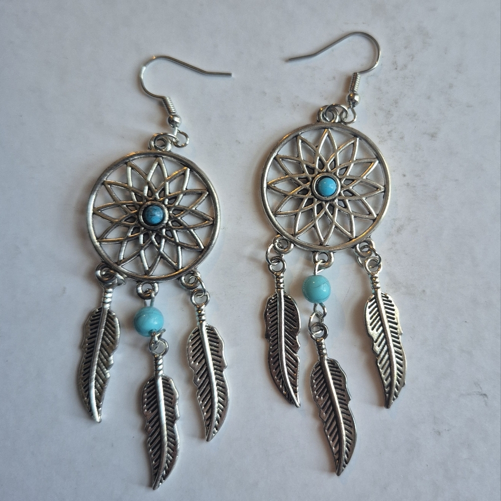 Silver Dreamcatcher Earrings with Turquoise Accents